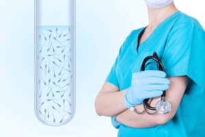 Tubo de ensaio com espermatozóides e médico em uniforme médico.