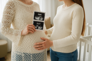 casal de mulheres. casal homoafetivo. mulheres vivendo a dupla maternidade, uma está grávida segurando a ultrassom e a outra está com a mão na barriga dela